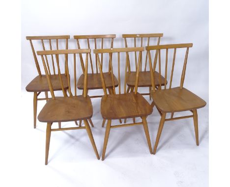 A set of 6 mid-century Ercol elm-seated stick-back dining chairs, model no. 391 