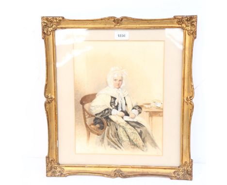B Delafor, watercolour, portrait of woman wearing lace bonnet and shawl, signed, framed, overall 45cm x 41cm 