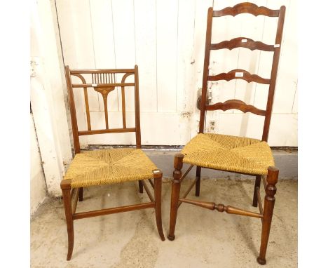 An Edwardian mahogany and satinwood-strung parlour chair, with inlaid decoration, and a ladder-back hall chair 