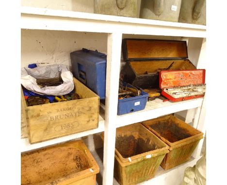 A stained pine toolbox, containing wood planes and a quantity of hand tools, including drills, saws etc 