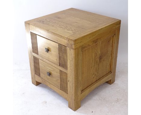 A modern light oak square-top lamp table with 2 frieze drawers, W55cm, H60cm 