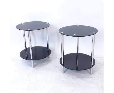 A pair of contemporary circular 2-tier lamp tables, on tubular steel legs, D38cm, H46cm 