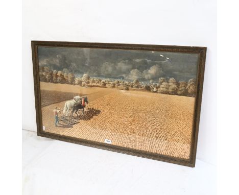 W Peiner, print, ploughing landscape, framed, overall 59cm x 96cm 