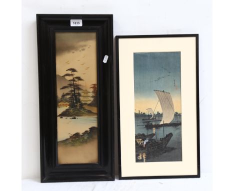 A Chinese coloured woodblock print, fishing boats, and another, both framed (2) 