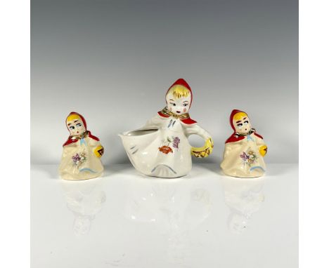 3 items, one creamer and two seasoning shaker, each adorned with Little Red in her iconic hood and a delicate floral dress, s