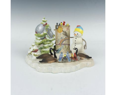 Hand painted scene of a snowman going over the weather forecast with a flock of geese and small birds. Lenox backstamp. This 