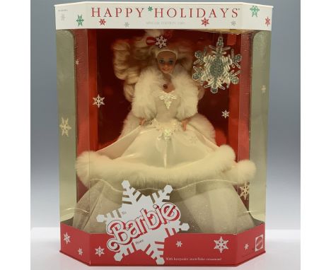 Dressed in a gown with a faux fur trim and glittery underskirt, wearing red jewelry and snowflake hair accessory. Keepsake sn