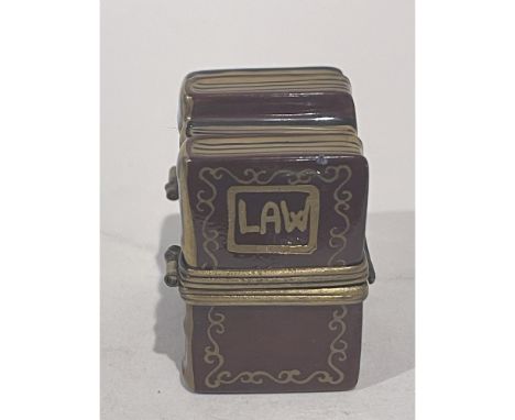 24k gold accented Hand painted collection of law books facing out on a shelf porcelain mini box. Skillfully realistic. Gilded