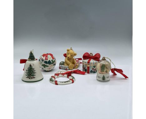 Two boxes of three delightful mini ornaments. The first trio contains a teddy bear, gift, and bauble. The second trio include