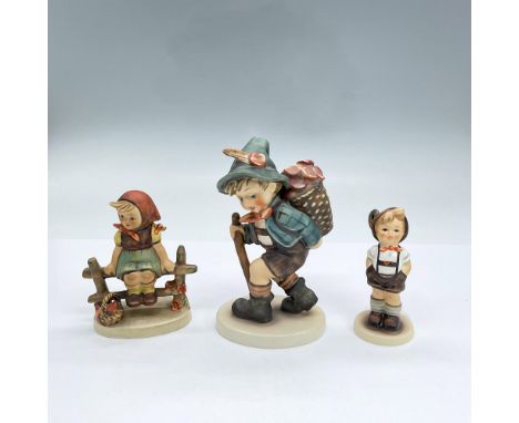 Three hand painted porcelain figurines of boys and a girl. Just Resting 112 3/0 is a girl sitting on a fence. For Keeps Membe