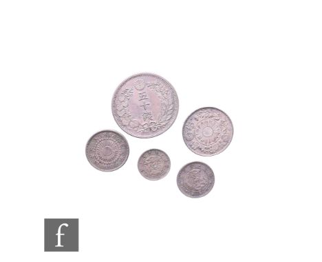 Japan - A Meiji era Mutsuhito Sen silver coin, also fifty, twenty, ten and five coins. (5)