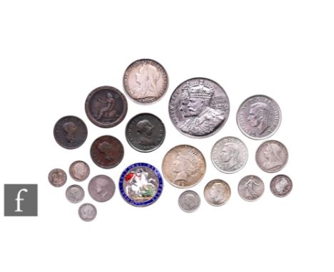 George IV to George VI - Two crowns dated 1897 and 1937, an 1820 enamelled coin brooch, a 1922 Liberty dollar, other silver c
