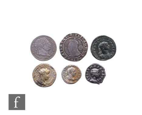 Roman - Three silver denariuses various emperors, a 3rd Century Roman bronze coin, an Elizabeth I sixpence and a George III B