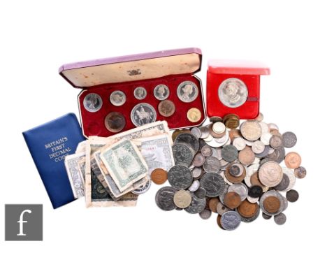 Elizabeth II - A 1953 cased set of coronation coins, missing 3d, a 1977 Windsor Castle commemorative medallion and silver nic