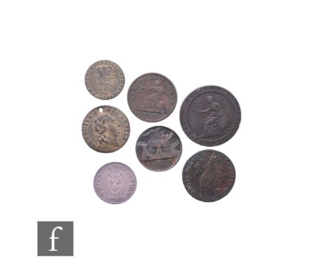 George III - Various tokens to include a copper Christopher Jennett 1813, a 1791 Leeds half penny, a 1811 Whitby silver shill