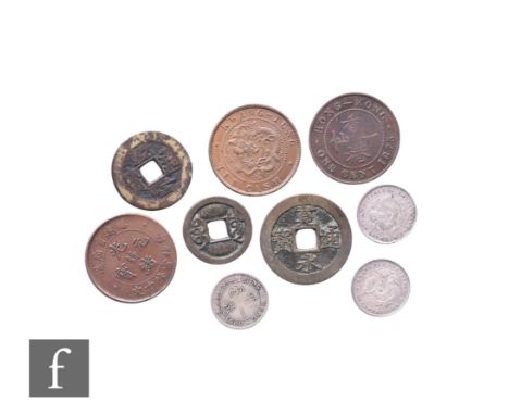 China - Two Kwang Tung Province 7.2 Candareens silver coins, with other copper coinage including Hong Kong examples. (qty)