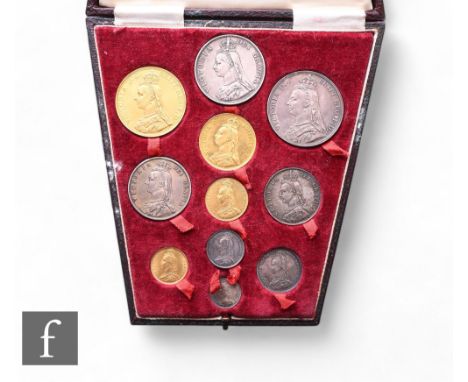 Victoria - A 1887 eleven coin Jubilee specimen set, five pound gold to silver threepence, in original red leather wedge padde