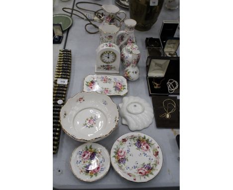 A LARGE QUANTITY OF FENTON CHINA TO INCLUDE A MANTLE CLOCK, SMALL GINHER JAR, BUD VASE, BOWL, JUGS, ETC., 