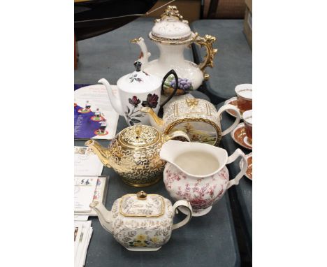A VINTAGE SADLER CHINTZ CUBE SHAPED TEAPOT TOGETHER WITH A ROYAL ALBERT "MESSENGER" COFFEEPOT, AN OVAL SHAPED HUNTING SCENE S