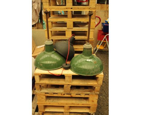 TWO VINTAGE GREEN INDUSTRAIL CEILING LIGHT FITTINGS AND A FURTHER INDUSTRIAL STYLE LIGHT FITTING 