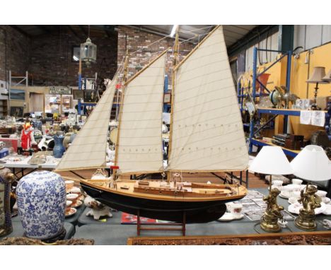 A LARGE WOODEN MODEL OF A THREE MASTED SAILING SHIP 