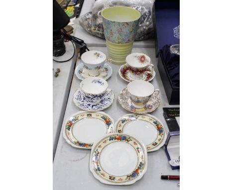 A LARGE VINTAGE SHELLEY "MELODY" VASE TOGETHER WITH A QUANTITY OF TEACUPS AND SAUCERS TO INCLUDE ROYAL ALBERT ELEGANCE, COALP