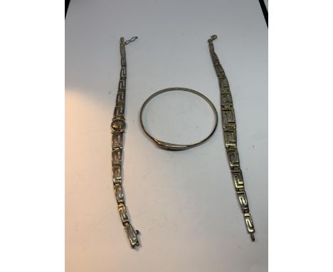 THREE MARKED SILVER BRACELETS TO INCLUDE TWO GREEK DESIGN AND A BANGLE 