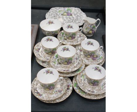 AN ADDERLEY TEASET FEATURING A CRINOLINE LADY IN A PURPLE DRESS (SUGAR BOWL A/F) 