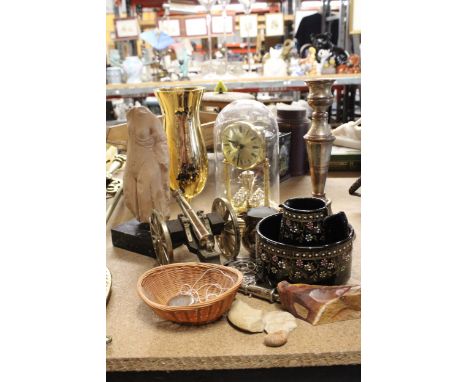 VARIOUS ITEMS TO INCLUDE AN ANNIVERSARY CLOCK, VASE, CANDLESTICK, CANNON ETC 