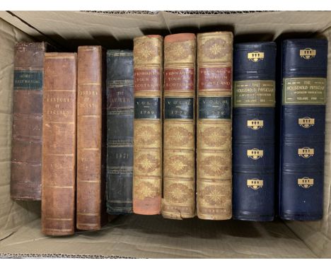 NINE VINTAGE LEATHER BOUND BOOKS, INCLUDING CASSEL'S FAMILY MAGAZINE, HISTORY OF ENGLAND, THE QUIVER, PENNANT'S TOUR IN SCOTL
