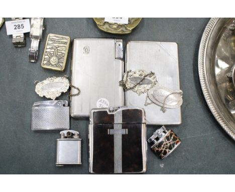 A COLLECTION OF VINTAGE CIGARETTE CASES, LIGHTERS AND DECANTER LABELS 