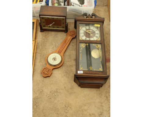 A PRESIDENT CHIMING WALL CLOCK, AN ART DECO STYLE CHIMING MANTLE CLOCK AND A BAROMETER ETC 
