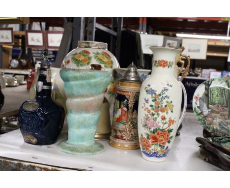 A QUANTITY OF VASES, FLASK AND STEINS, COFFEE POTS ETC 