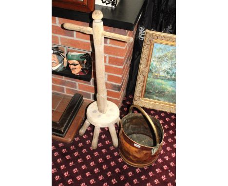 A VINTAGE COPPER COAL BUCKET AND A WOODEN DOLLY PEG 