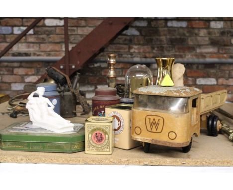 A LARGE QUANTITY OF ITEMS TO INCLUDE A WOODEN TOY CAR, TINS, A SMALL STATUE ETC 