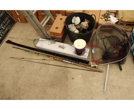 AN ASSORTMENT OF ITEMS TO INCLUDE FISHING TACKLE AND LIGHT SHADES ETC 