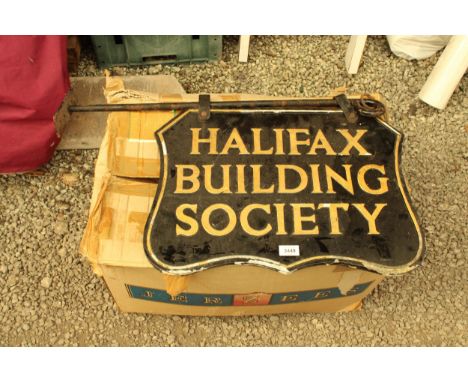 A VINTAGE CAST ALLOY WALL HANGING DOUBLE SIDED 'HALIFAX BUILDING SOCIETY' SIGN WITH HANGING BRACKET 