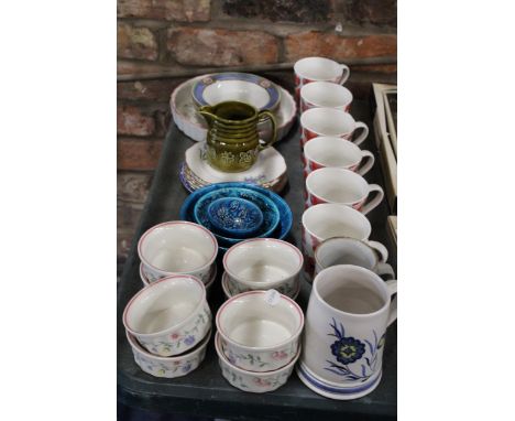 A QUANTITY OF JOHNSON BROS RAMEKINS AND A FLAN DISH, VINTAGE PLATES AND BOWLS, A SET OF THREE GRADUATED TURQUOISE BOWLS, MUGS