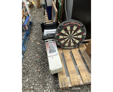 A UNICORN ECLIPSE PRO DARTBOARD, A RUBBER DART MAT AND A MICROPHONE 