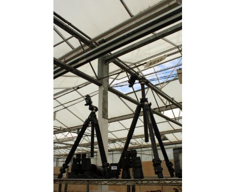 TWO CAMERA TRIPOD STANDS, TWO PAIRS OF CASED BINOCULARS AND A CAMERA LENS 