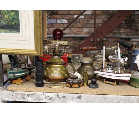 A QUANTITY OF ITEMS TO INCLUDE SHIP MODELS, OIL LAMP, A TEAPOT, A MONEY BOX ETC. 
