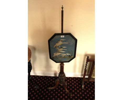 A VICTORIAN TRIPOD POLE SCREEN WITH TAPESTRY SWAN SCENE 