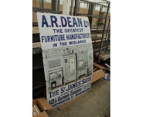AN ORIGINAL VINTAGE ENAMELED 'A.R.DEAN LTD, THE GREATEST FURNITURE MANUFACTURERS IN THE MIDLANDS' SIGN (102CM x 153CM) 