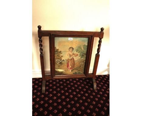 AN OAK FOLK ART TAPESTRY FIRE SCREEN 