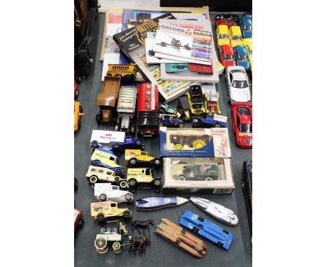 A COLLECTION OF VINTAGE STYLE VANS AND CARS NY LLEDO, MATCHBOX YESTERYEAR, ETC, PLUS AN ASSORTMENT OF MODEL BROCHURES AND BOO