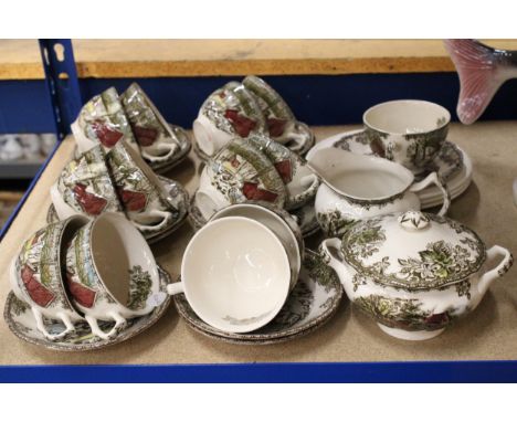 A JOHNSON BROTHERS FRIENDLY VILLAGE "THE ICE HOUSE" TEASET TOGETHER WITH WEDGWOOD OF ETRURIA RURAL ENGLAND PLATES 