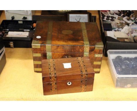 AN INLAID MAHOGANY TEA CADDY AND A WALNUT WRITING SLOPE 