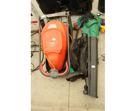THREE ELECTRIC GARDEN TOOLS TO INCLUDE A FLYMO MOWER AND A LEAF BLOWER ETC 