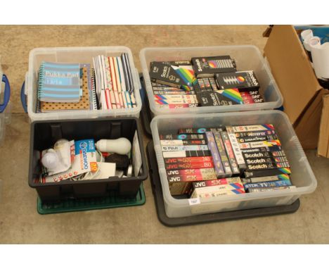 AN ASSORTMENT OF ITEMS TO INCLUDE NOTE PADS, VHS VIDEOS AND LIGHT BULBS ETC 