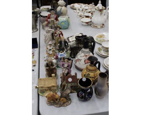 A MIXED LOT TO INCLUDE CONTINENTAL PORCELAIN FIGURES, CHEESE DISH, MOONCRATER VASE, MODEL COTTAGES, GREEK POTTERY JUGS, ETC.,